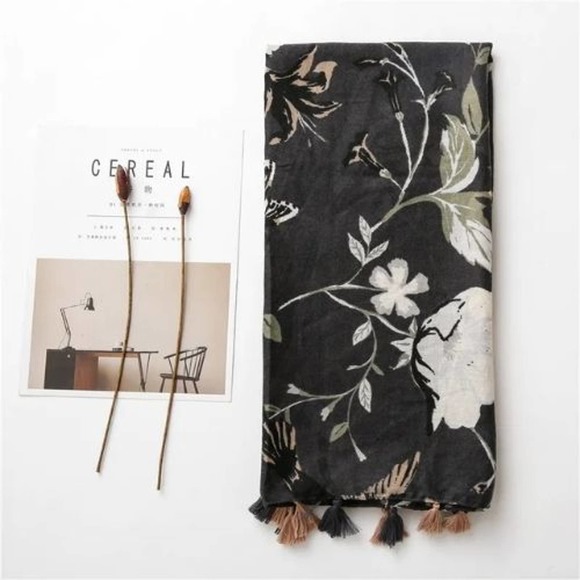 2/$30 NEW Floral Tasseled Scarf Black Long Rectangle Neutral Muted Minimalist - Picture 4 of 12